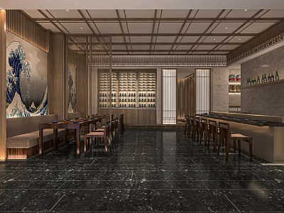 Japanese Style Restaurant Interior With Wave Decor Wine Racks Marble Flooring And Wooden Tables 3d model