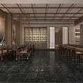 Japanese Style Restaurant Interior With Wave Decor Wine Racks Marble Flooring And Wooden Tables