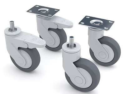 Four White Caster Wheels With Gray Rubber Tires And Metal Mounting Plates 3d model