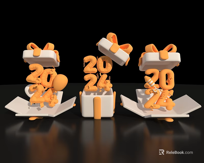Festive Opened Gift Boxes With 2024 Numbers Balloons And Orange Bows Decorations 3d model 