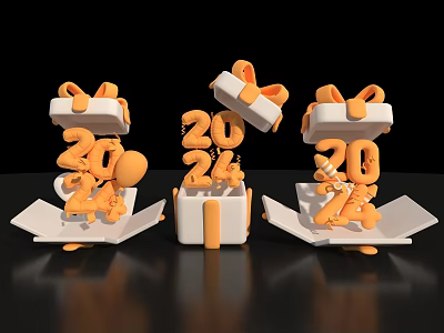 Festive Opened Gift Boxes With 2024 Numbers Balloons And Orange Bows Decorations 3d model