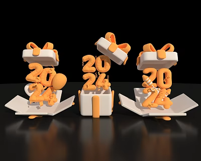 Festive Opened Gift Boxes With 2024 Numbers Balloons And Orange Bows Decorations 3d model