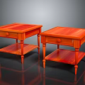 Two Red Wooden Side Tables With Drawers And Lower Shelves For Living Room