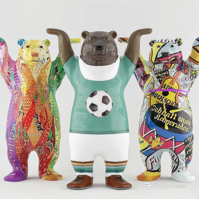 Colorful Bear Figurines With Soccer Ball Design And Vibrant Graffiti Art 3d model 
