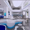 Modern Spacious Service Hall Interior With White Pillars Blue Counters And Electronic Screens