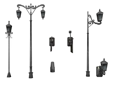 Classic Metal Outdoor Lights with Decorative Details Including Street and Wall Lamps 3d model
