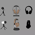 Various Over Ear Headphones In Black And Beige With Mic Stands On