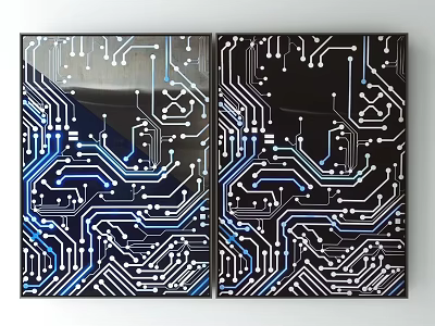 Circuit Board Artwork With Black Background Blue White Lines Double Panel Wall Decor 3d model