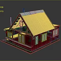 Small Red Cottage Building With Gray Roof Yellow Windows White Frames And Chimney