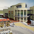 Modern Commercial Street Plaza With Curved Buildings Outdoor Seating And Fountain