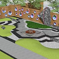 Wooden Feature Wall With Circular Windows Surrounded By Greenery Stone Path Lawn And Fire Pit 3d model