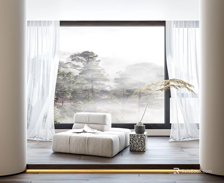Modern White Sheer Curtains For Floor To Ceiling Windows With Natural View And Sofa 3d model 