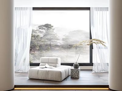 Modern White Sheer Curtains For Floor To Ceiling Windows With Natural View And Sofa 3d model