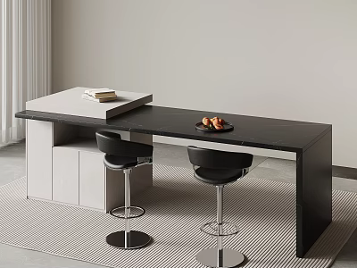 Modern Minimalist Bar Counter With Black Top Light Cabinets Two Black Stools And Metal Bases 3d model