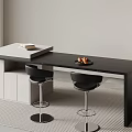 Modern Minimalist Bar Counter With Black Top Light Cabinets Two Black Stools And Metal Bases
