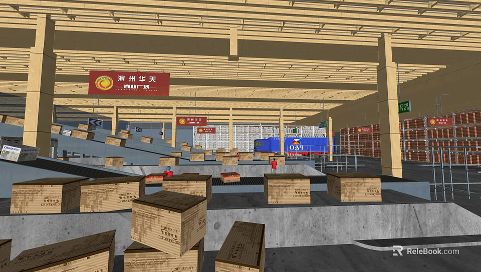 Industrial Warehouse Interior With Stacked Cardboard Boxes And Storage Shelves 3d model 