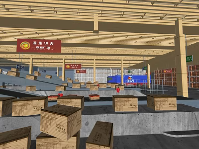 Industrial Warehouse Interior With Stacked Cardboard Boxes And Storage Shelves 3d model