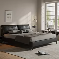 Black Leather Double Bed in Modern Bedroom with Nightstand Table Lamp and Wall Art