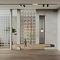 Modern Interior With Glass Partition Wooden Floor Ceiling Lights And Green Plant