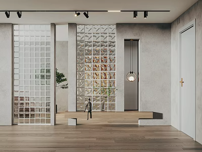Modern Interior With Glass Partition Wooden Floor Ceiling Lights And Green Plant 3d model