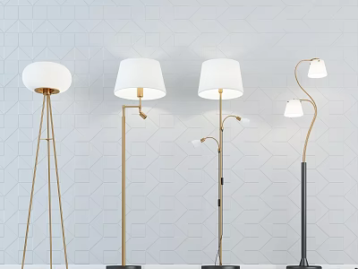 Modern Floor Lamps With White Shades And Gold Black Stands Against Geometric Wall 3d model
