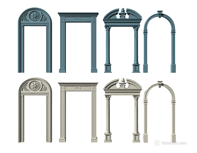 Various Decorative Door Arches In Blue And White With Carved Details And Columns 3d model 