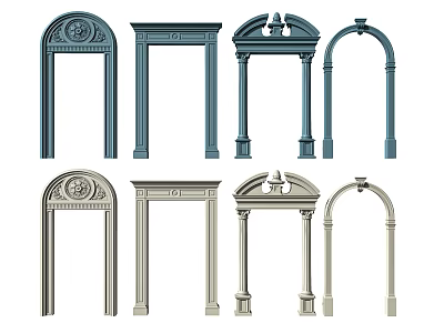 Various Decorative Door Arches In Blue And White With Carved Details And Columns 3d model