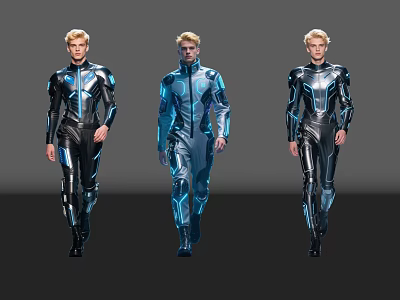 Three Men In Black Tight Fitting Suits With Blue Glowing Lines Standing Side By Side 3d model