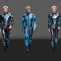 Three Men In Black Tight Fitting Suits With Blue Glowing Lines Standing Side By Side