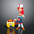 Cheerful Cartoon Ice Cream Vendor Holding Red Popsicle By Yellow Cart