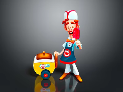 Cheerful Cartoon Ice Cream Vendor Holding Red Popsicle By Yellow Cart 3d model