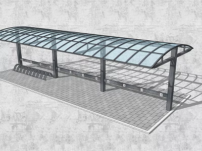 Outdoor Bus Stop Canopy With Transparent Curved Roof And Metal Support Frame 3d model
