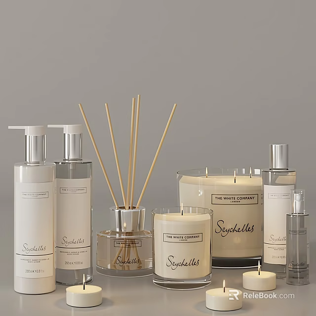 Stylish Bathroom Accessories With Reed Diffusers Candles Soap Dispensers And Bottles 3d model 