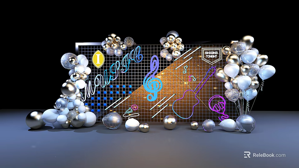 Elegant Music Theme Party Decor With Silver Balloons Grid Backdrop And Guitar Notes Design 3d model