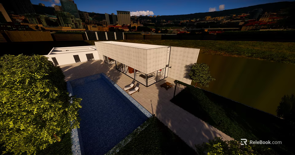 Modern Detached Villa With Private Pool Outdoor Lounge Area And Lush Landscaped Garden 3d model 