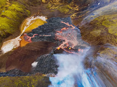 Volcanic Terrain With Active Lava Flows Green Yellow Land Surfaces And Rising Steam 3d model