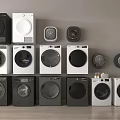 Various Stylish Washing Machines in Black and White Colors Neatly Arranged on Display Shelves