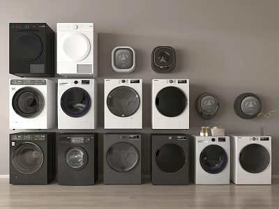 Various Stylish Washing Machines in Black and White Colors Neatly Arranged on Display Shelves 3d model
