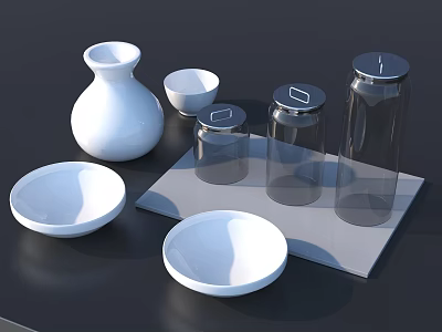 Modern Dinnerware Set with White Vase Bowls and Transparent Glass Jars on Gray Tray 3d model