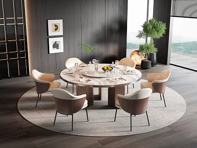 Modern Round Marble Dining Table Set With Six Beige Chairs Round Rug And Green Plant 3d model