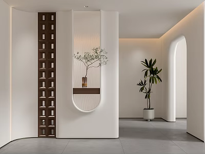 Modern Minimalist Entryway Hallway Featuring White Curved Partition Wooden Lattice Shelf And Green Plants 3d model
