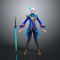Fantasy Character And Mythical Creature With Blue Gold Armor Feathered Details And Glowing Sword