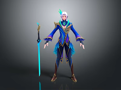 Fantasy Character And Mythical Creature With Blue Gold Armor Feathered Details And Glowing Sword 3d model