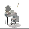 Stylish White Vanity Table with Round Mirror Cosmetics Stool Drawers and Fuzzy Rug