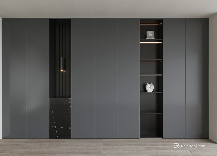 Sleek Modern Gray Shoe Cabinet With Multiple Doors Open Shelves Lamp And Decorative Items 3d model 