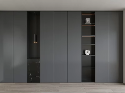 Sleek Modern Gray Shoe Cabinet With Multiple Doors Open Shelves Lamp And Decorative Items 3d model