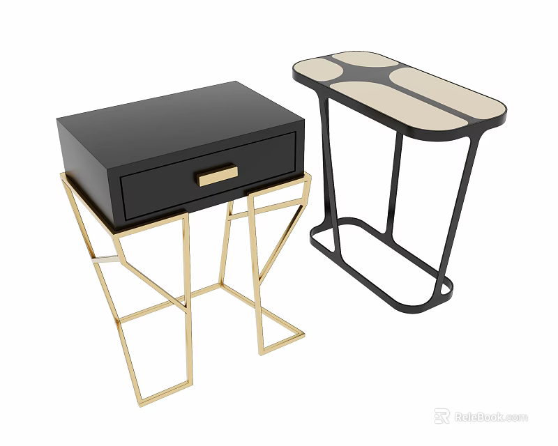 Modern Side Tables With Black Drawer Gold Geometric Base And Cutout Top Black Metal Frame 3d model 