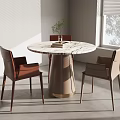 Modern Round Marble Dining Table with Brown and Beige Chairs by Window 3d model