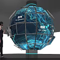 Interactive Zone With Giant Spherical Installation Screens Displaying Cooperation Low Carbon And People Interaction