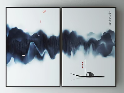 Chinese Ink Painting Wall Decor With Mountains Flying Birds Small Boat And Flag 3d model